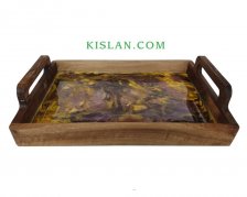 سینی لبه دار کوچک چوب گردو کف اپوکسی کهکشانی زرد و بنفش کیسلان